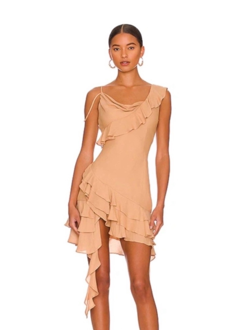 NBD Asymmetric Ruffle Mini Dress in Beige